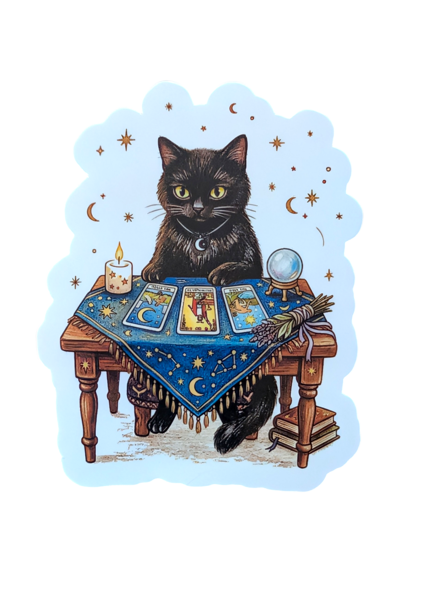 Black cat sitting at a table with tarot cards and a crystal ball on a blue background with star and moon patterns.