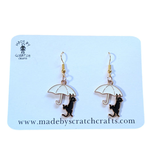 Black Cat Umbrella Dangle Earrings | Cute Cat Lover Jewelry