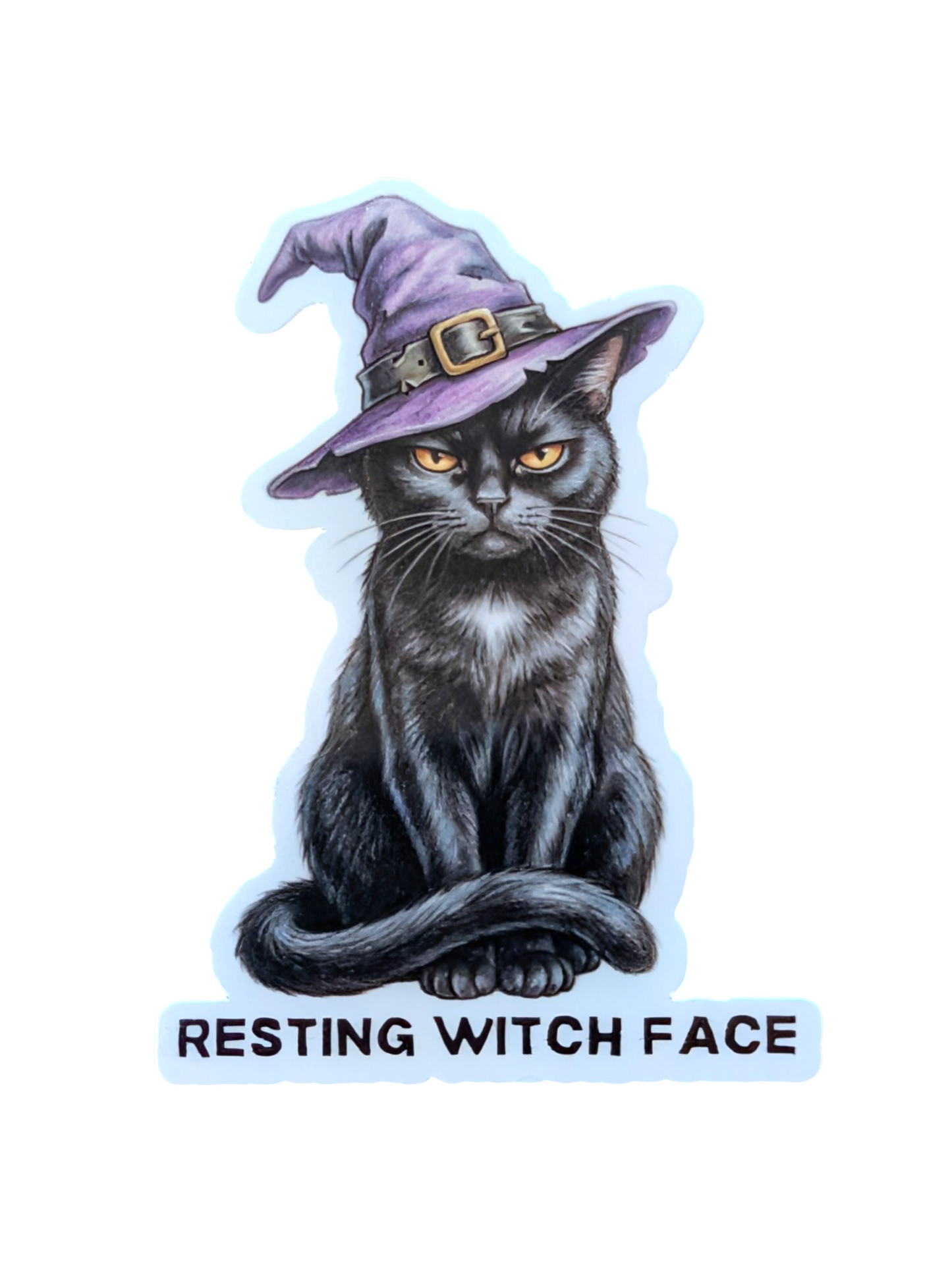 Black cat wearing a purple witch hat with 'Resting Witch Face' text on a white background