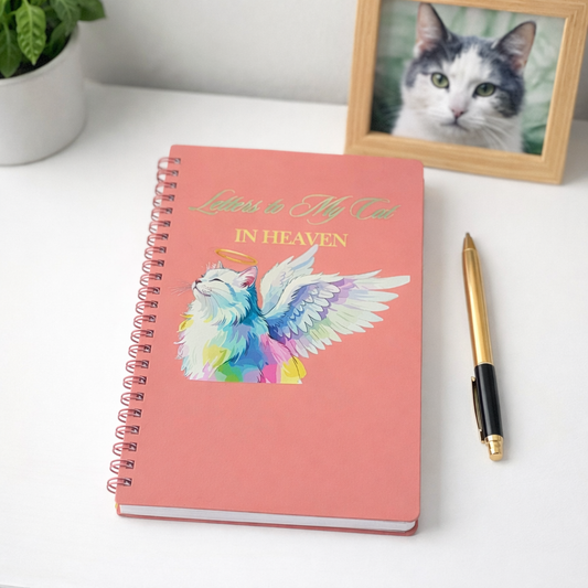 Notebook with a cat illustration and 'Letters to My Cat in Heaven' text on a white surface with a pen and framed photo.