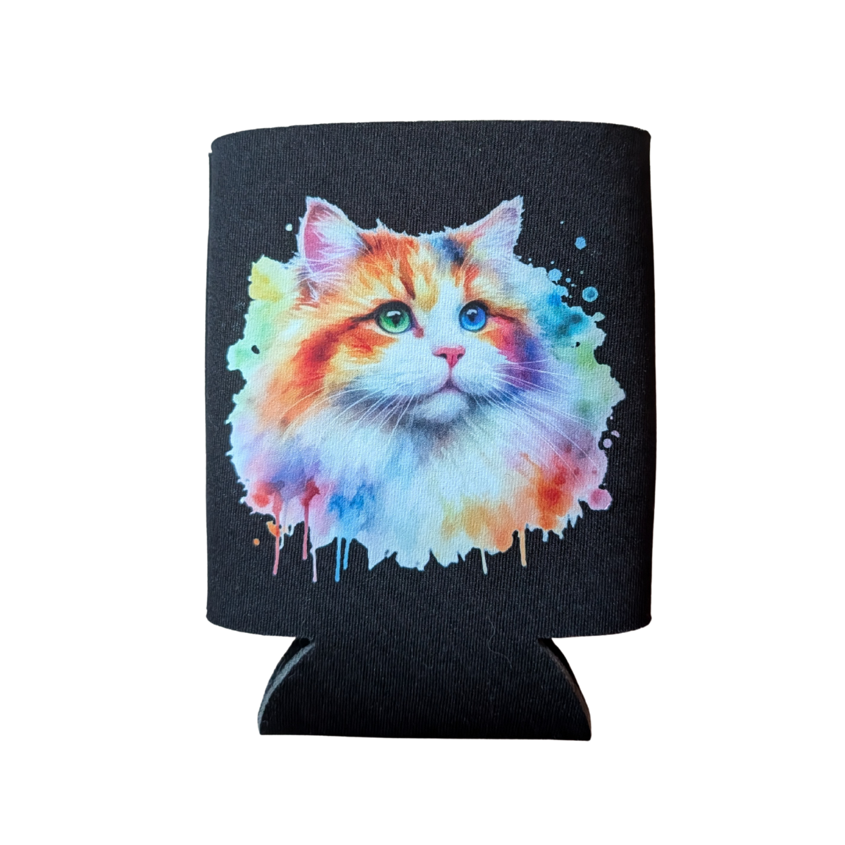Black can cooler with a colorful cat design on a white background
