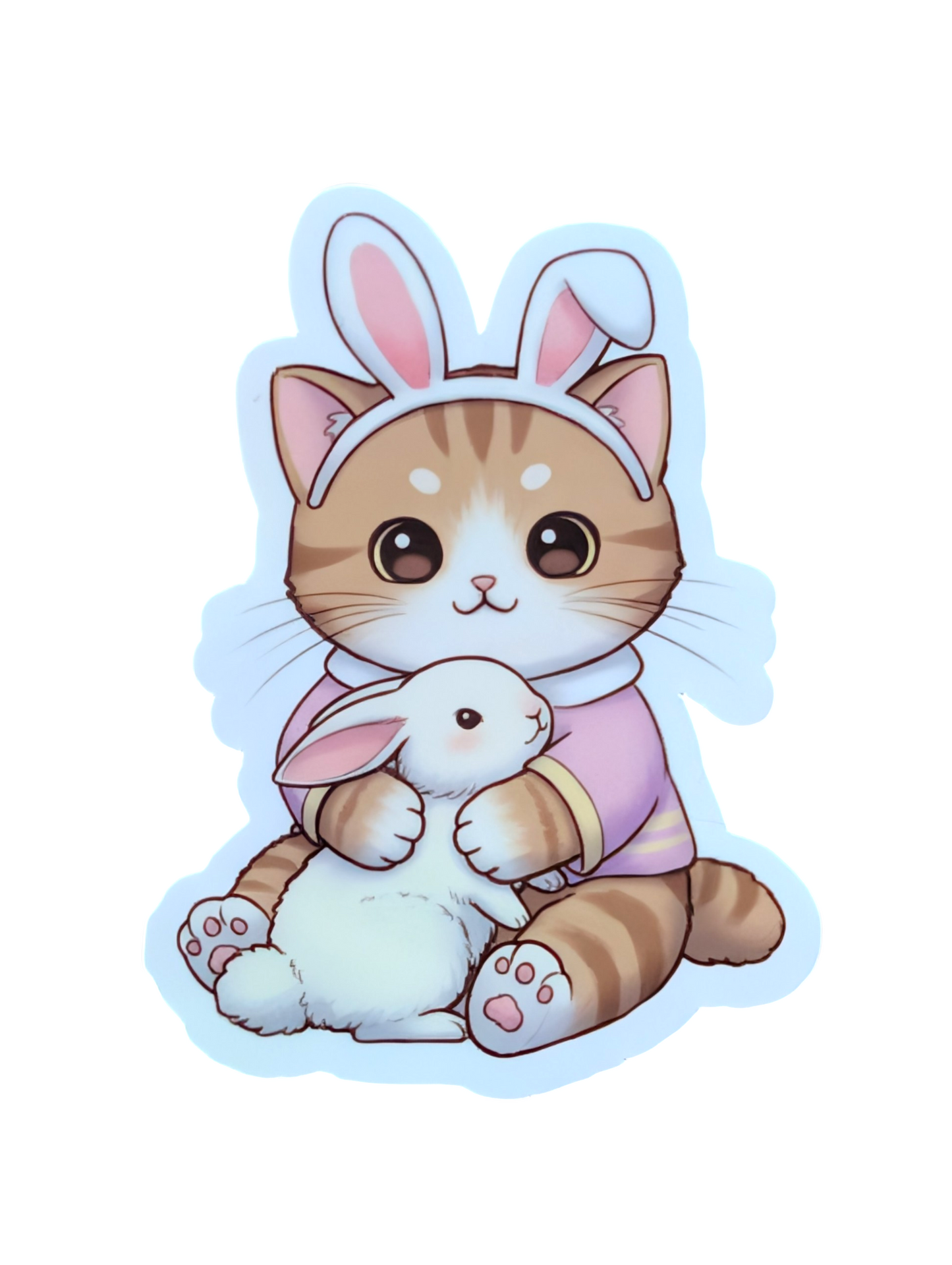 Cartoon cat with bunny ears and a rabbit on a white background