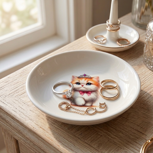 Jewelry dish with cat design holding rings on a wooden surface.