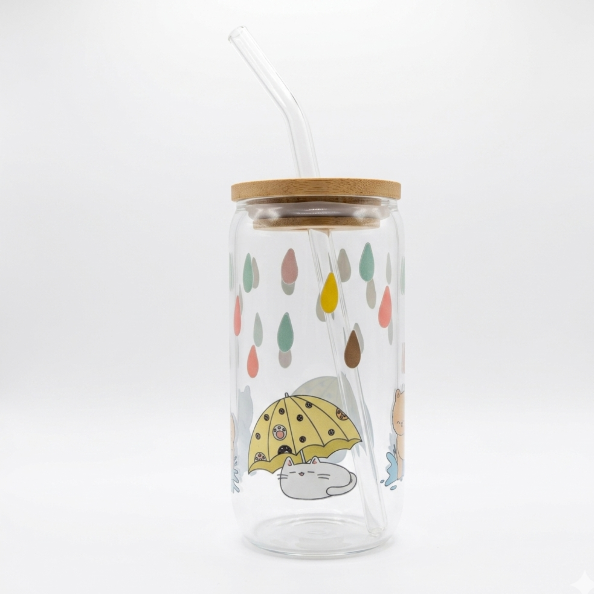 Glass tumbler with a wooden lid and straw, featuring raindrop and cat holding an umbrella design on a white background.