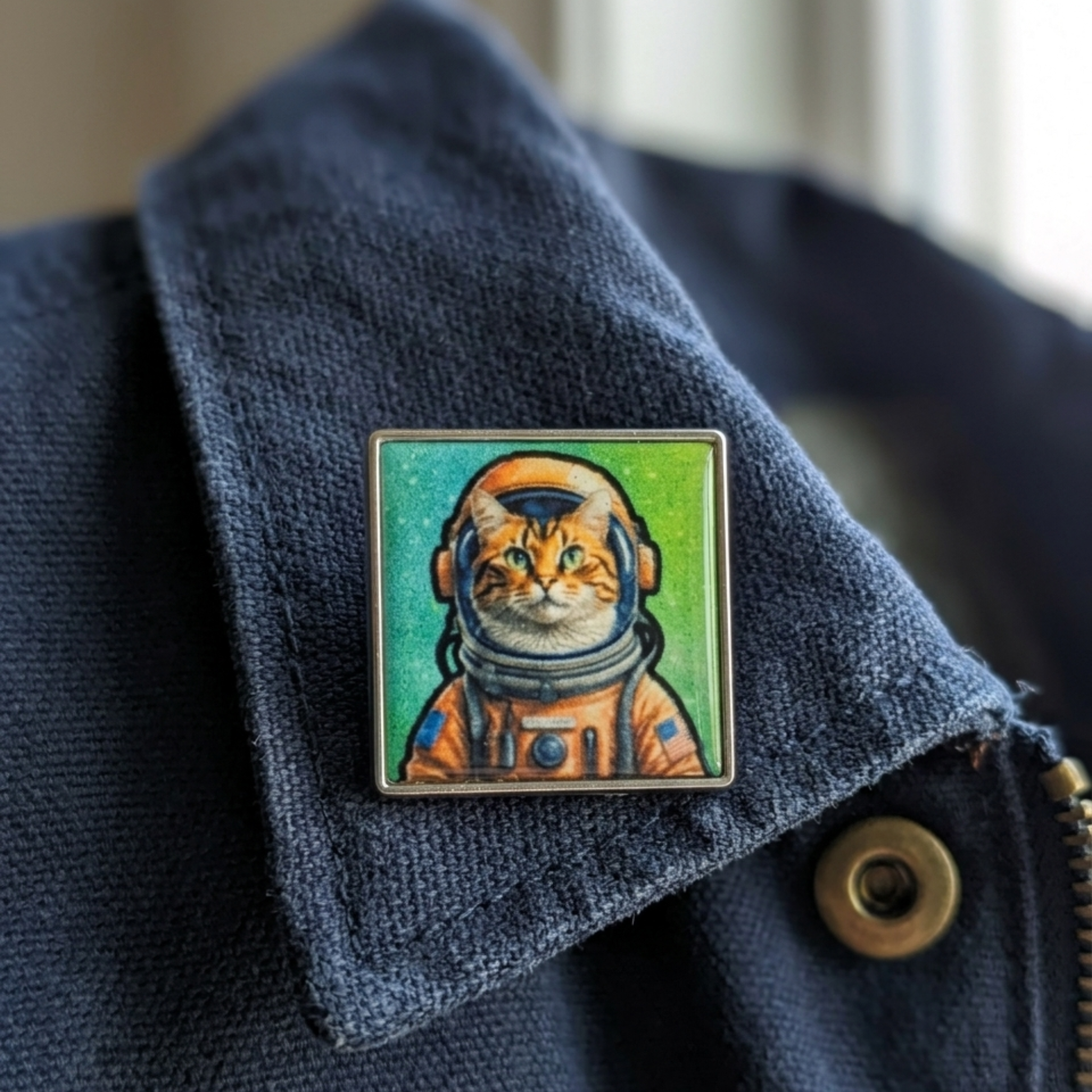 Pin with a cat in an astronaut suit on a dark blue fabric background