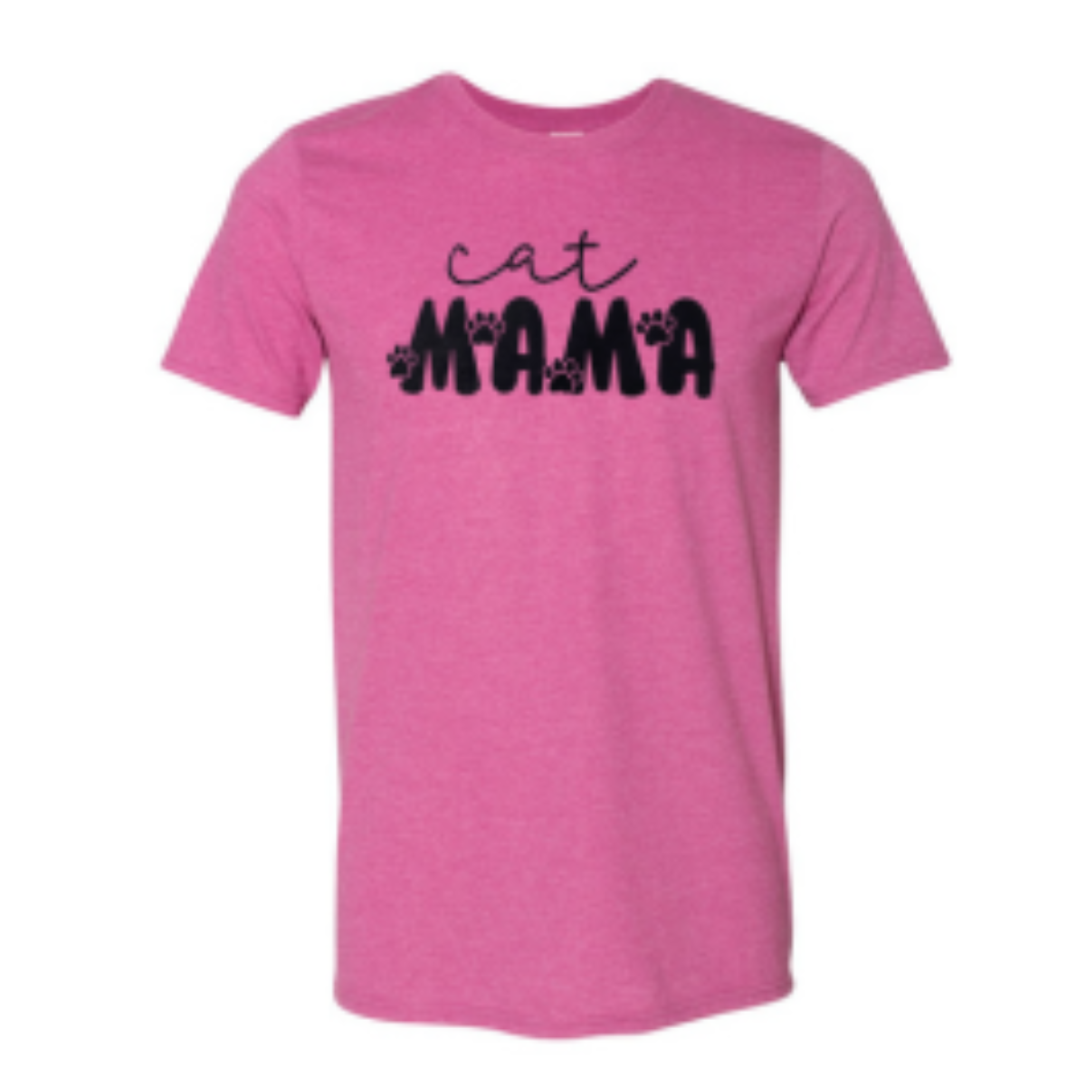 Pink t-shirt with 'cat MAMA' text and paw prints on a white background