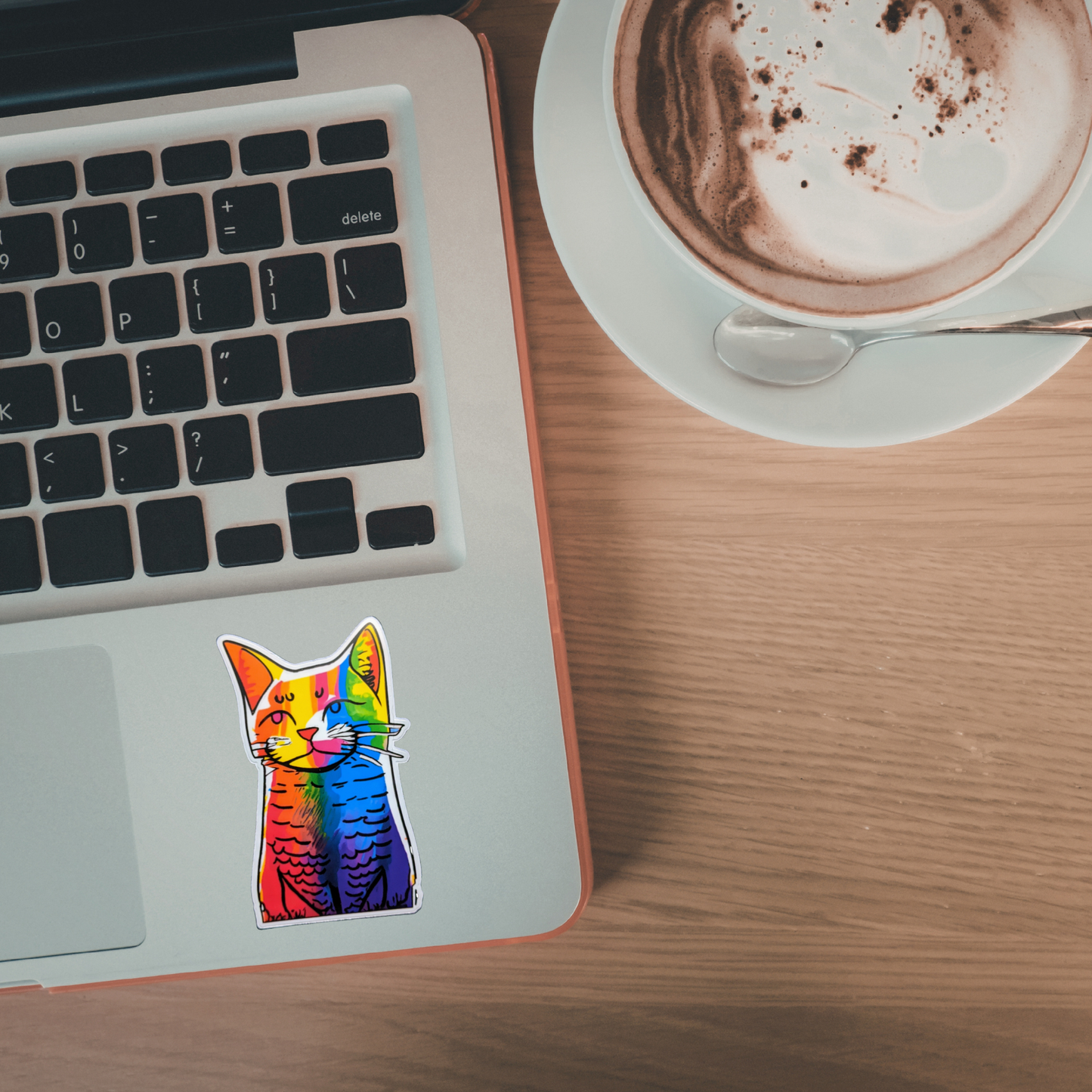 Laptop with a rainbow cat sticker on a wooden desk next to a cup of coffee.