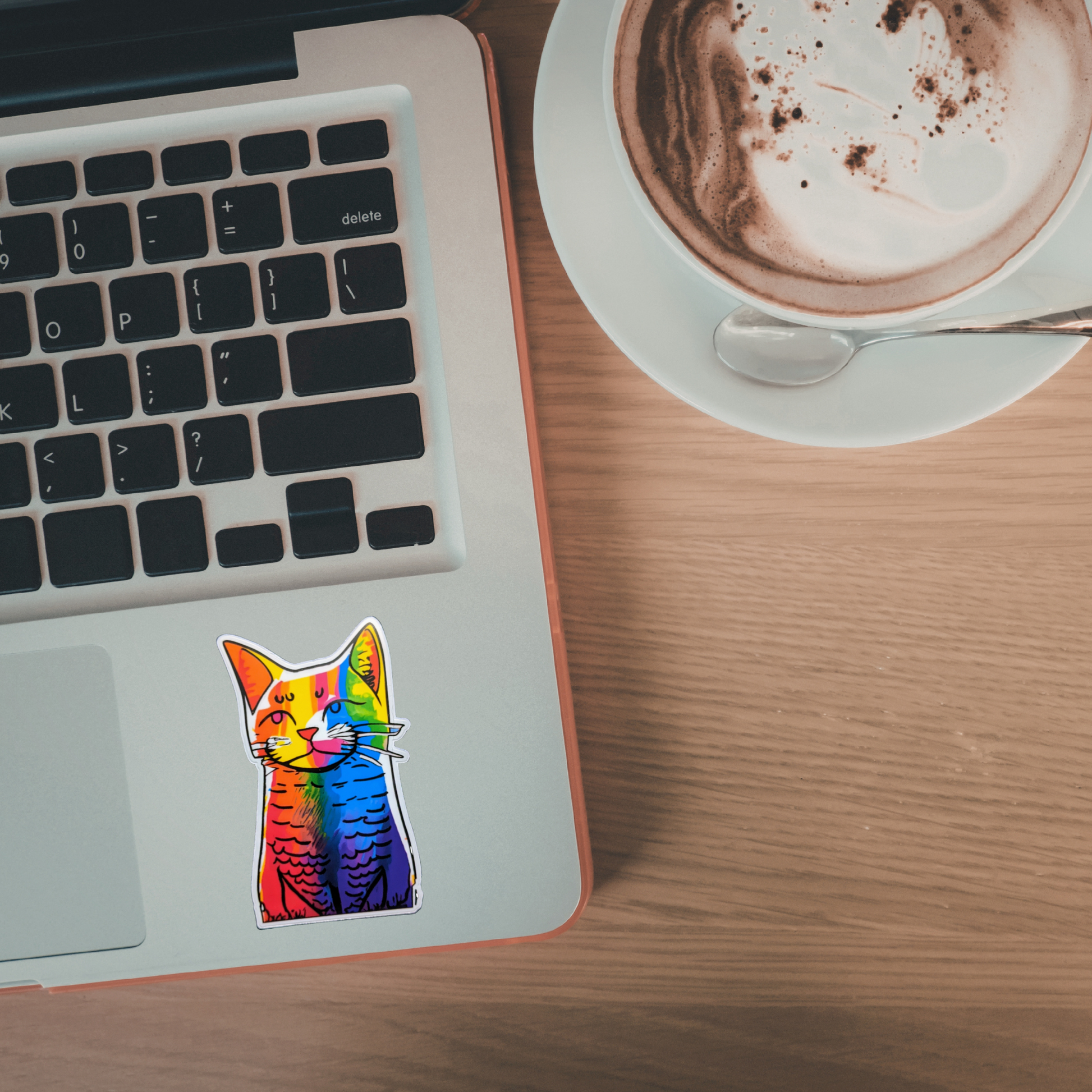 Laptop with a rainbow cat sticker on a wooden desk next to a cup of coffee.