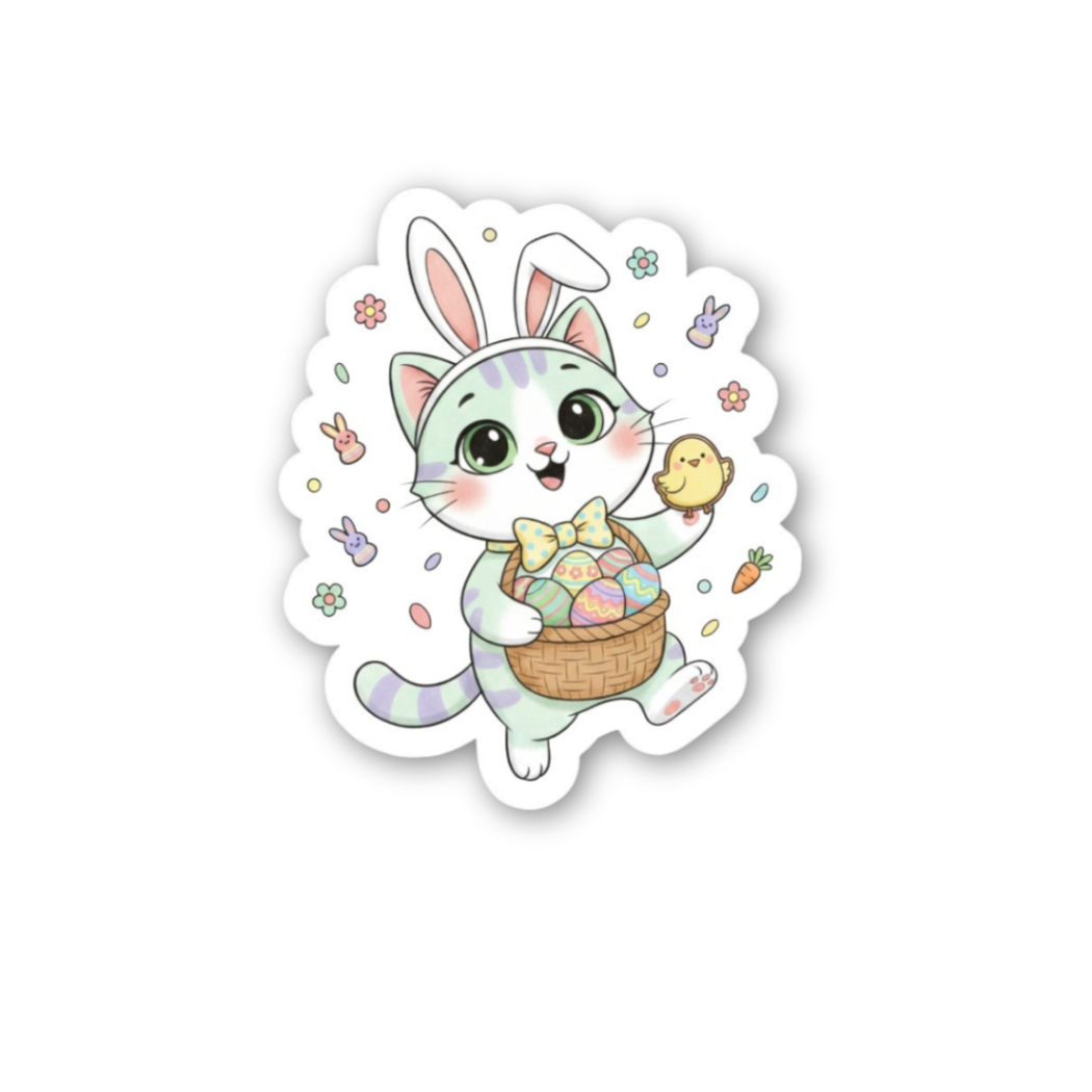 Cartoon cat in bunny ears holding a basket of Easter eggs on a white background