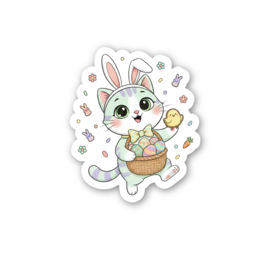 Cartoon cat in bunny ears holding a basket of Easter eggs on a white background