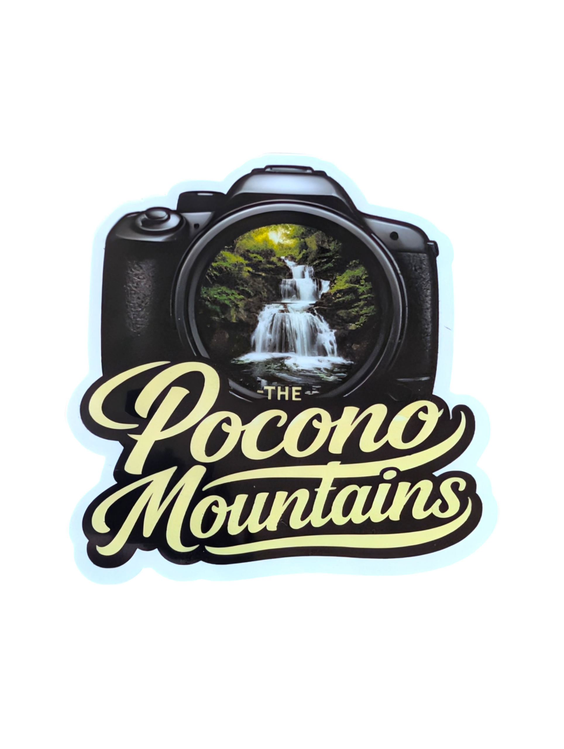Camera with a Pocono Mountains logo and waterfalls on a white background