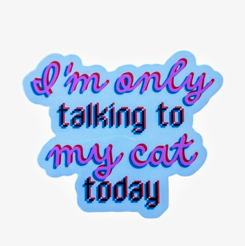 A vinyl sticker with pink and blue retro-style lettering that reads 'I'm only talking to my cat today'.