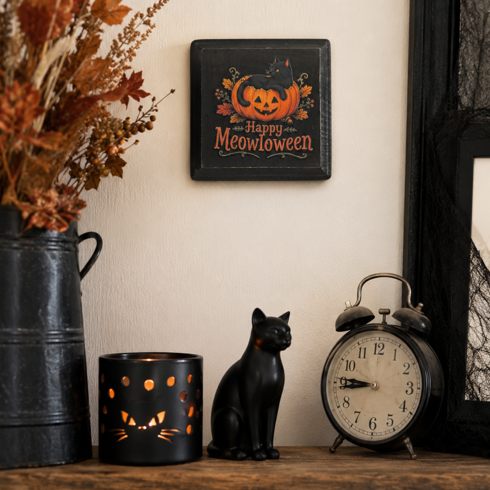 A styled Halloween tabletop scene with a black framed sign reading 'Happy Meowloween' above a black cat figurine, a black candle holder with glowing orange cat-face cutouts, a black metal pitcher with dried autumn leaves, and a black-and-white alarm clock against a cream wall.