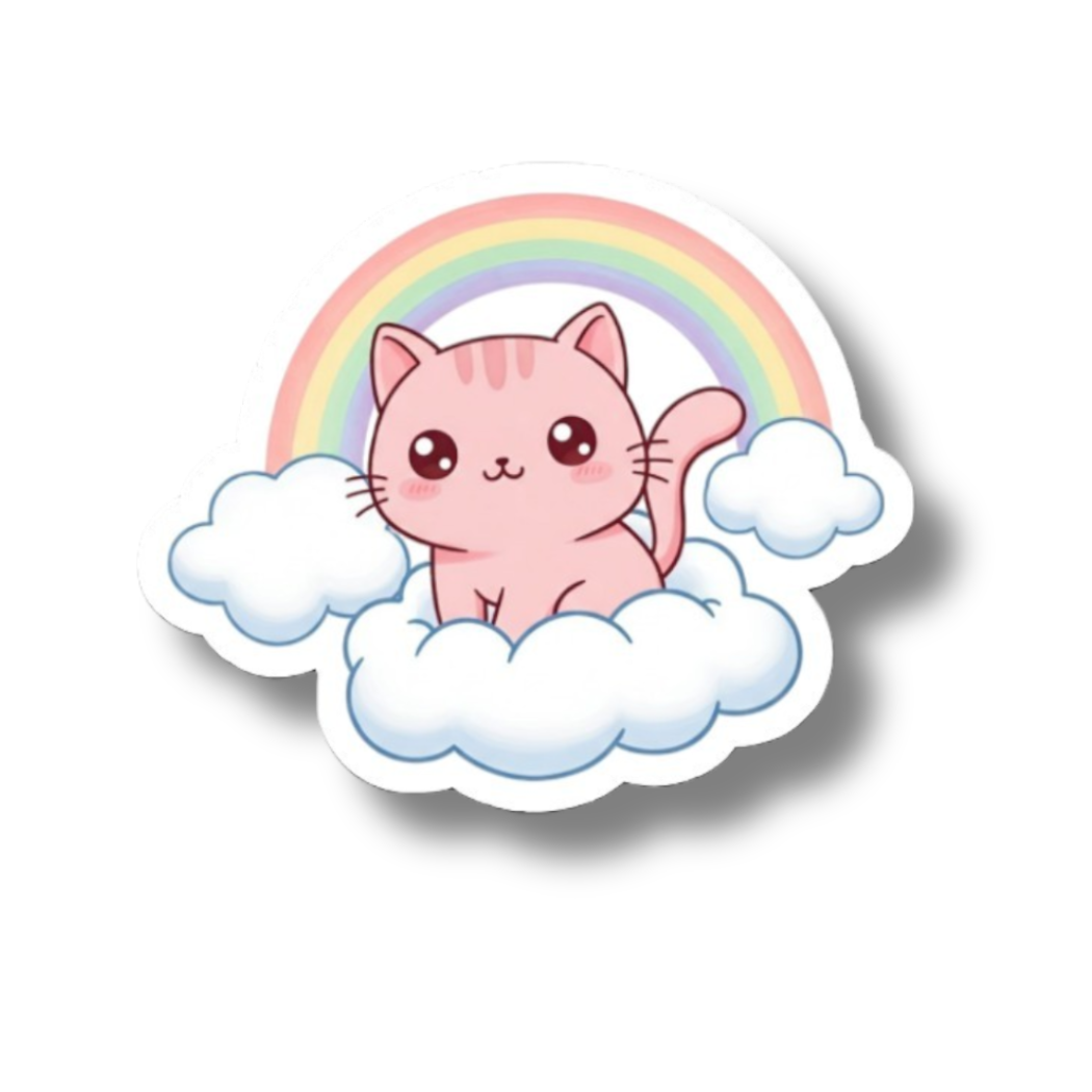 Sticker of a pink cat on a cloud with a rainbow above
