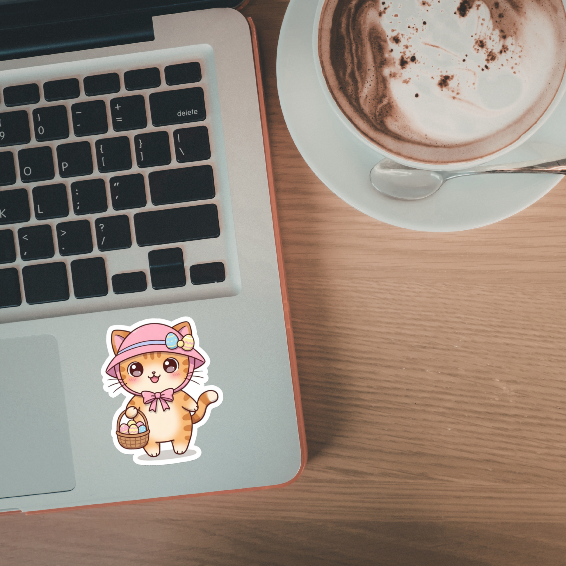 Laptop with a cute cat sticker on a wooden desk next to a cup of coffee.
