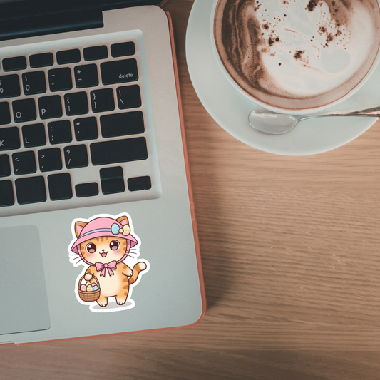Laptop with a cute cat sticker on a wooden desk next to a cup of coffee.