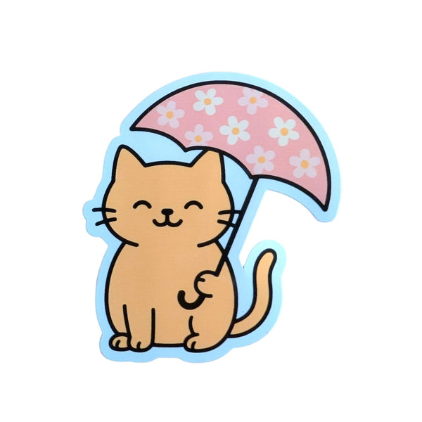 Umbrella Cat Sticker – Cute Rainy Day Cat Vinyl Sticker