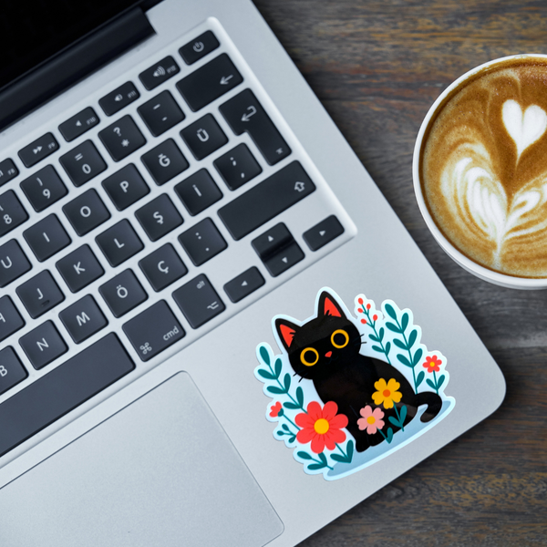 Black Cat Floral Sticker – Cute Spring Cat Vinyl Sticker