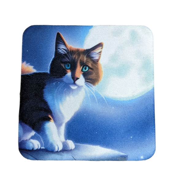 table coaster - cute cat design, cat with large full moon in background