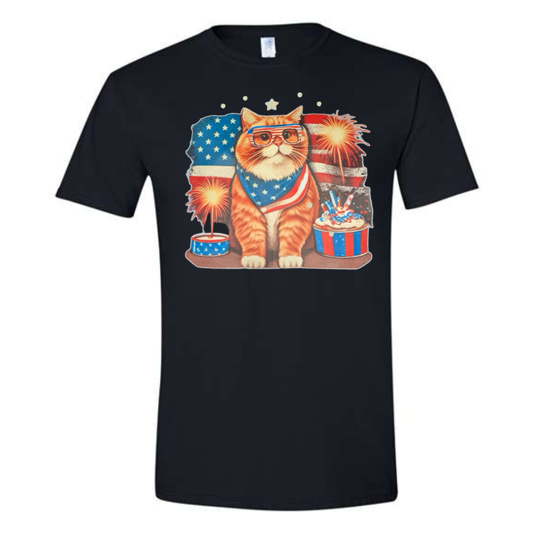 Pawsitively Patriotic Black Tshirt with cat celbrating Fourth of July