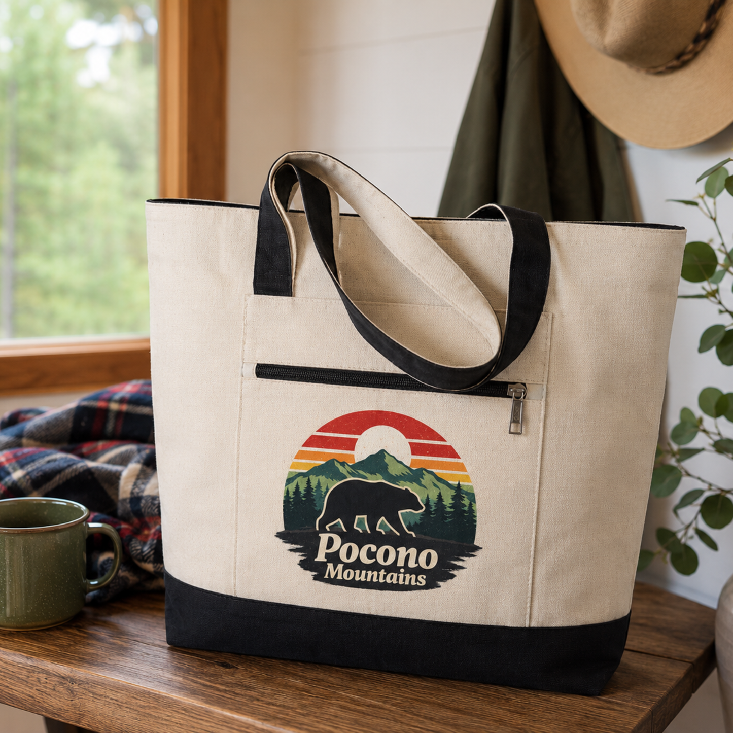 Pocono Mountains Canvas Tote Bag with Zipper Pocket