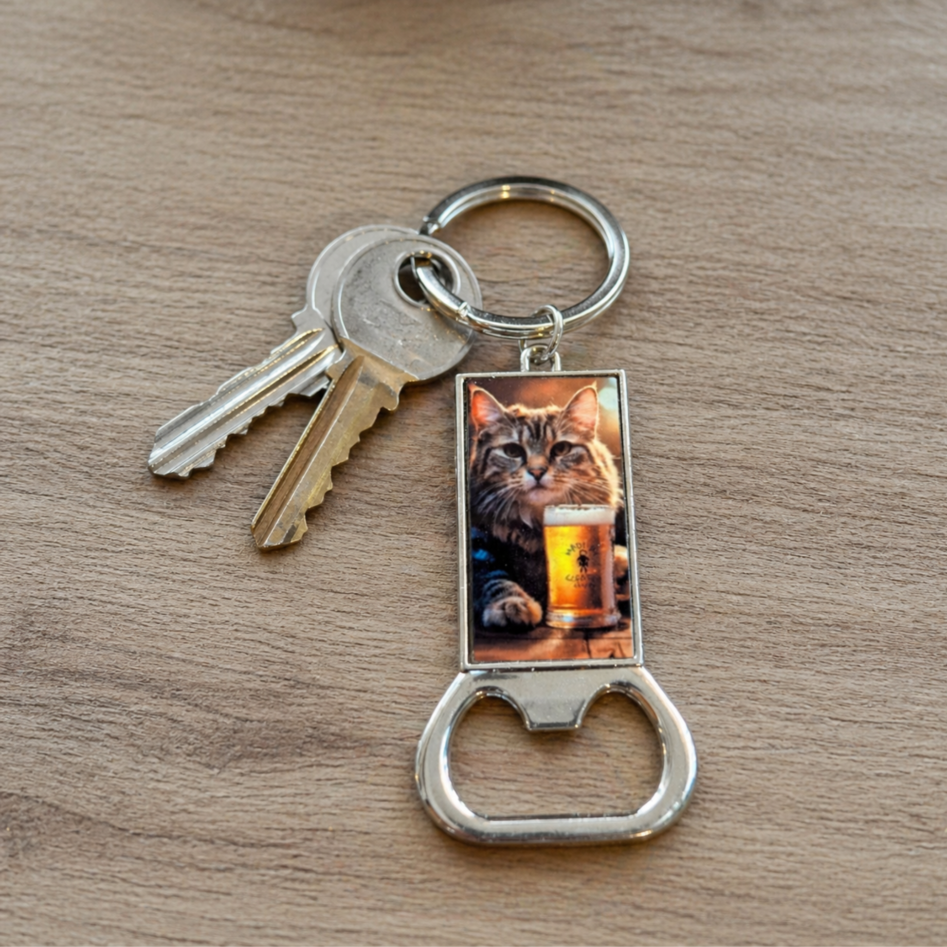 Keychain with a cat design and bottle opener on a wooden surface
