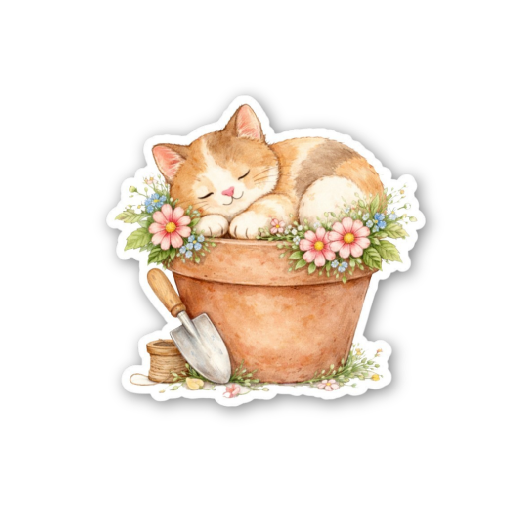 Illustration of a cat sleeping in a flowerpot with flowers and a trowel on a white background