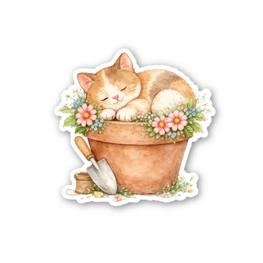 Illustration of a cat sleeping in a flowerpot with flowers and a trowel on a white background