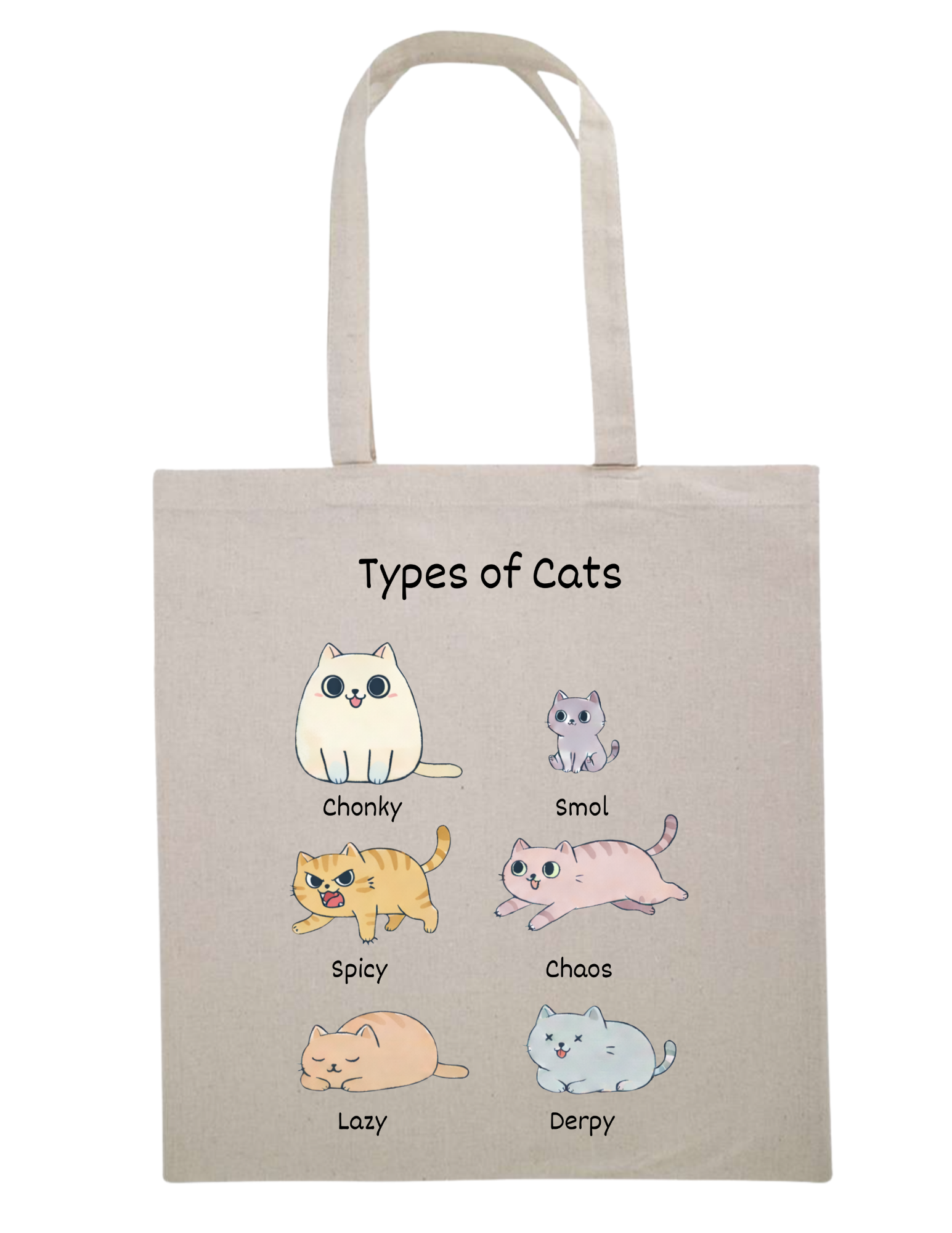 Beige tote bag with cartoon cats and text on a white background