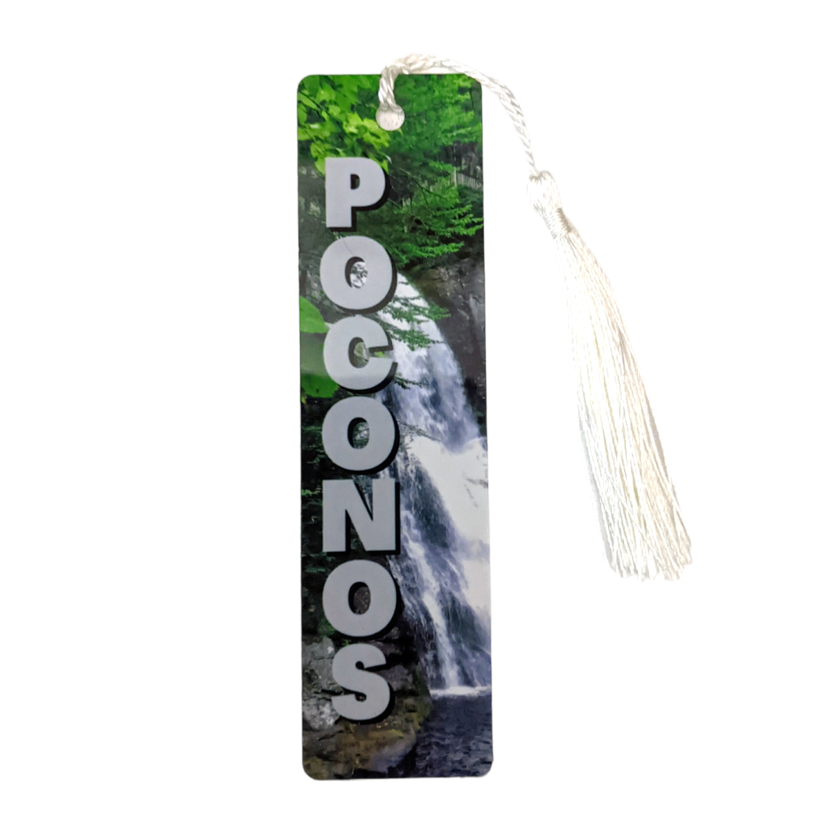 Bookmark with a scenic view of a waterfall and the word 'POCONOS' on a white background.
