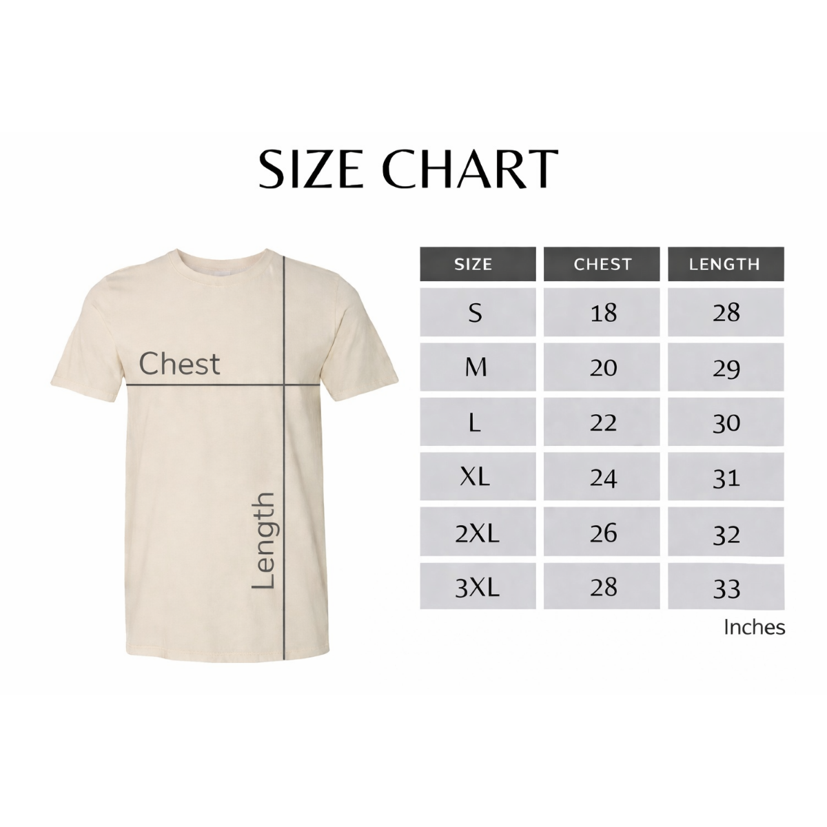 Size chart for a t-shirt with measurements in inches on a white background