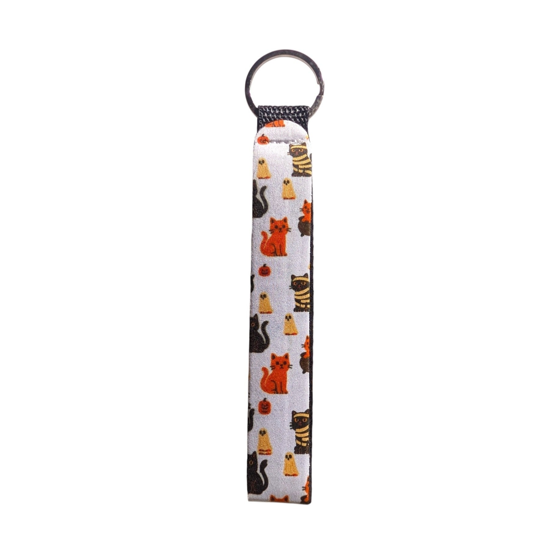 Halloween cat neoprene wristlet keychain with black metal key ring on a white background.
