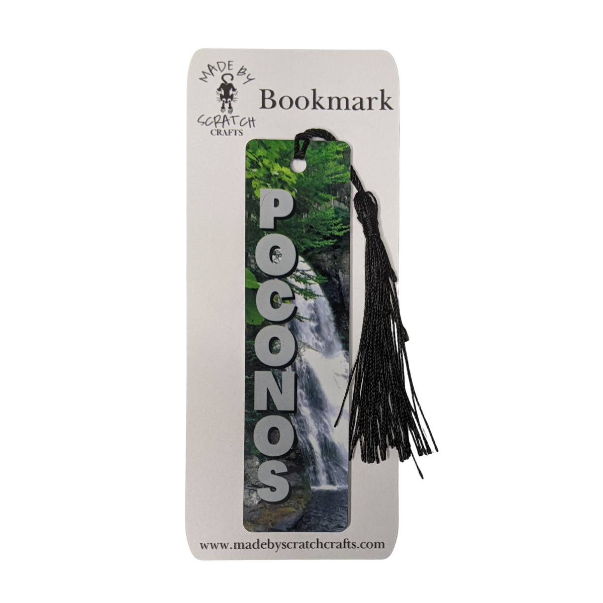 Bookmark with waterfall design and 'Poconos' text, featuring a tassel, on a white background.