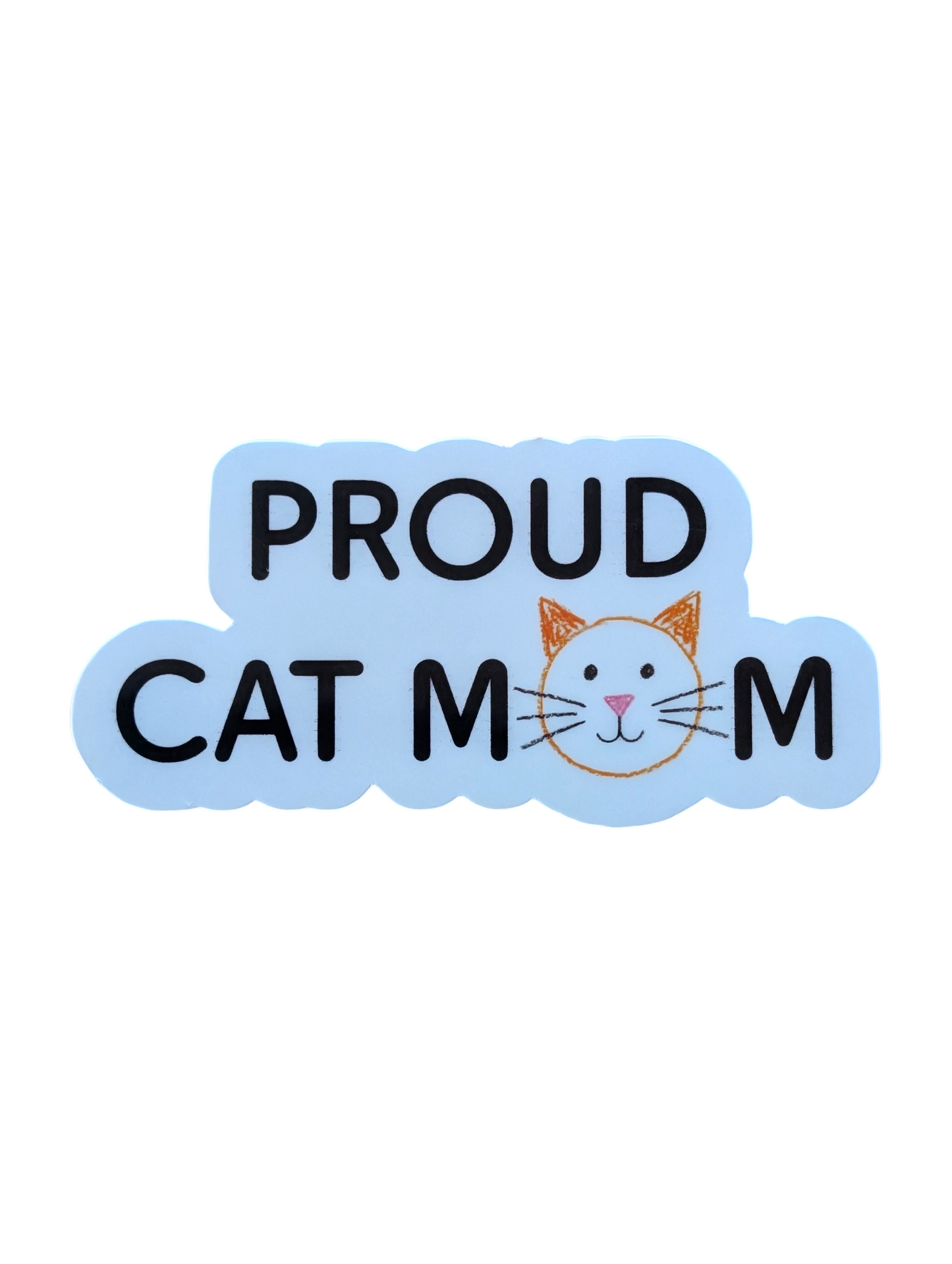 Sticker with 'PROUD CAT MOM' text and a cat face on a light blue background