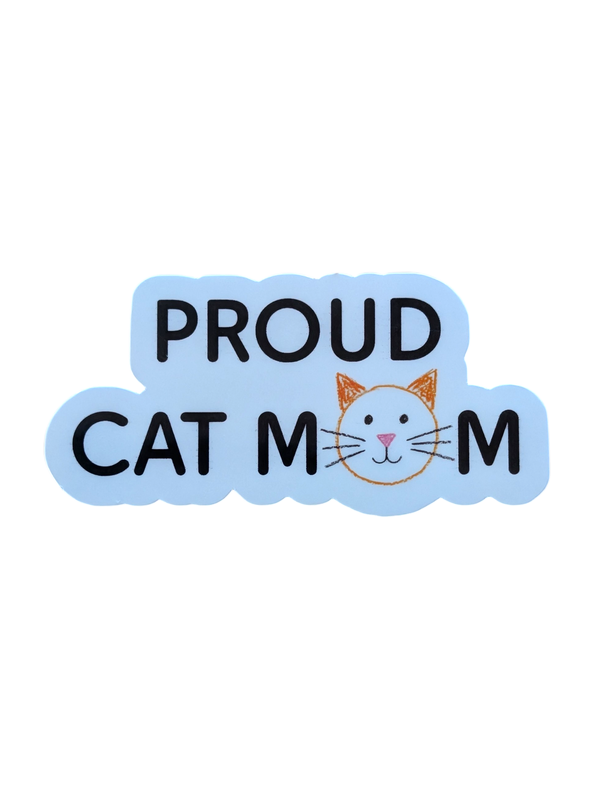 Sticker with 'PROUD CAT MOM' text and a cat face on a light blue background