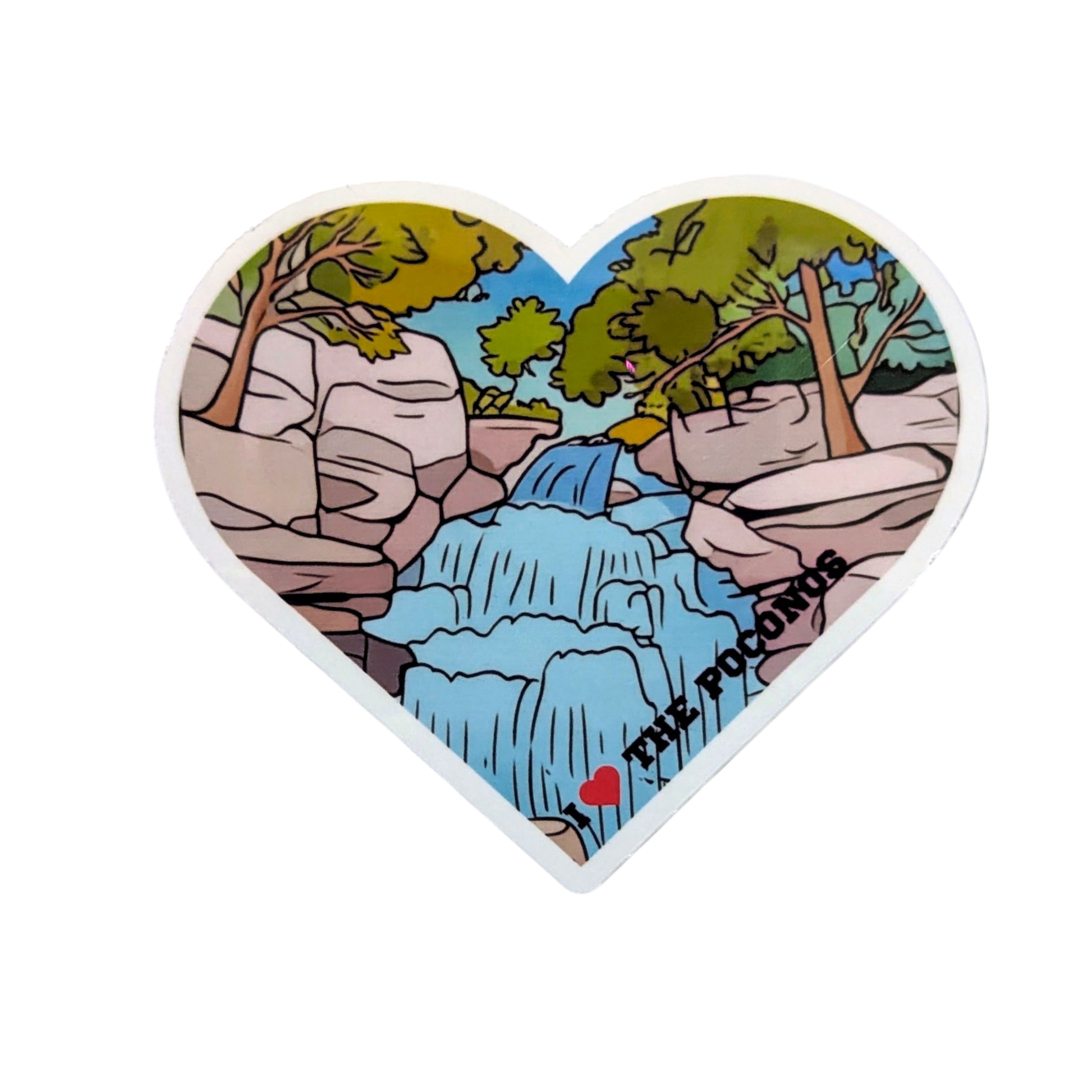 Heart-shaped sticker with a scenic design of trees, rocks, and waterfalls, featuring 'I ❤️ The Pocotos' text.