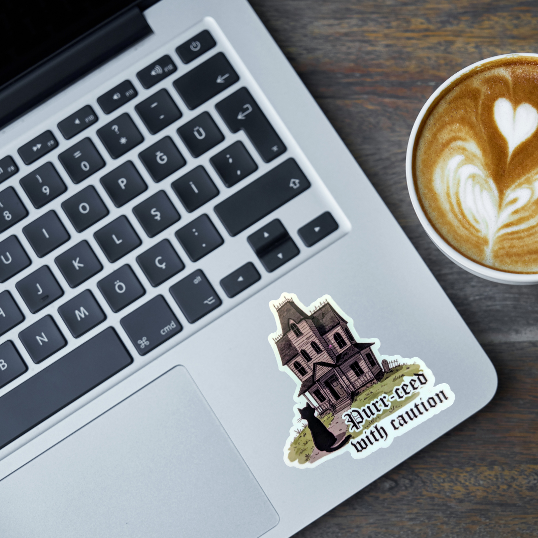 Purr-ceed with Caution Haunted House Cat Sticker – Halloween Vinyl Sticker