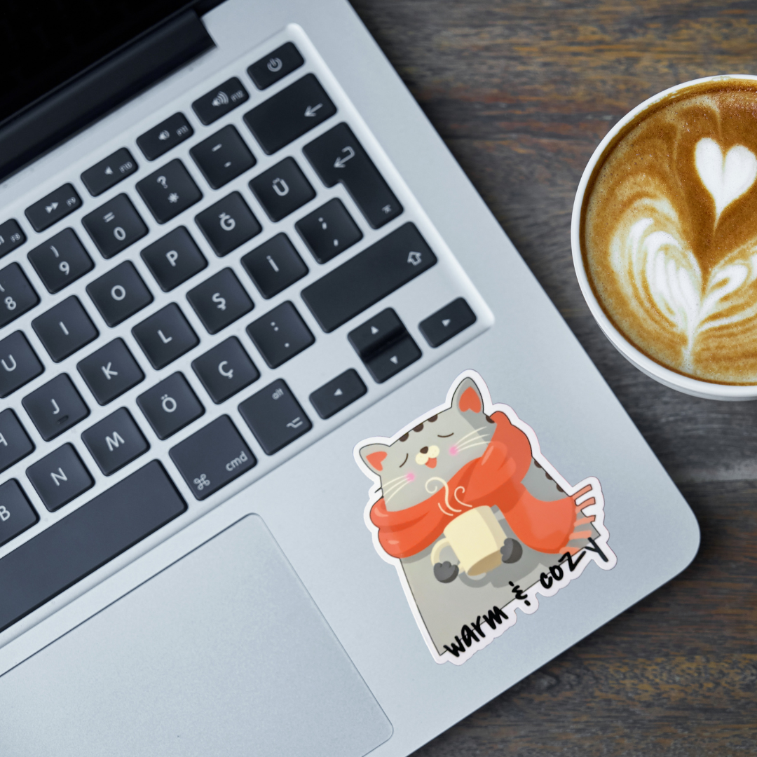 Warm & Cozy Cat with Coffee and Scarf Sticker