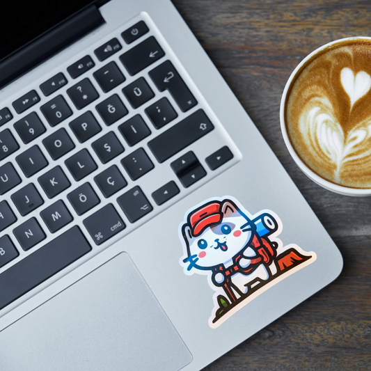 Laptop with a sticker of a hiking cat character on a wooden desk next to a cup of coffee.