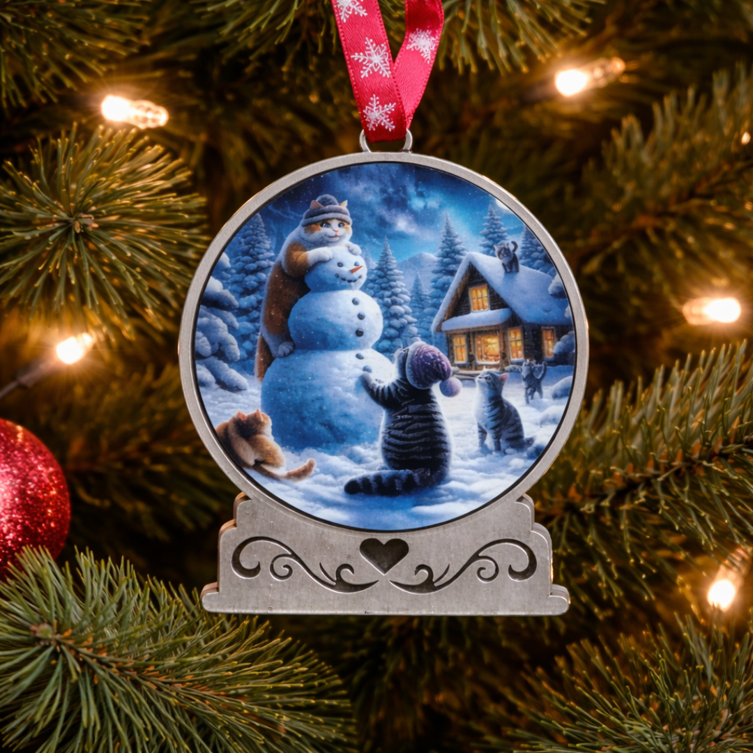 Christmas ornament with a snowman and cats on a tree with lights