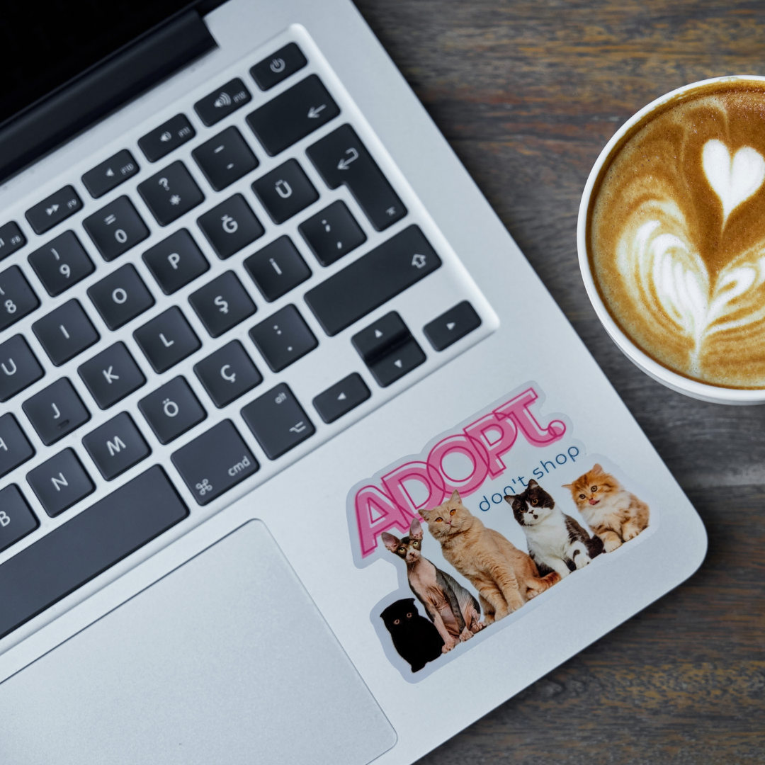 Laptop with 'ADOPT, don't shop' sticker featuring images of cats, next to a cup of coffee on a wooden surface.