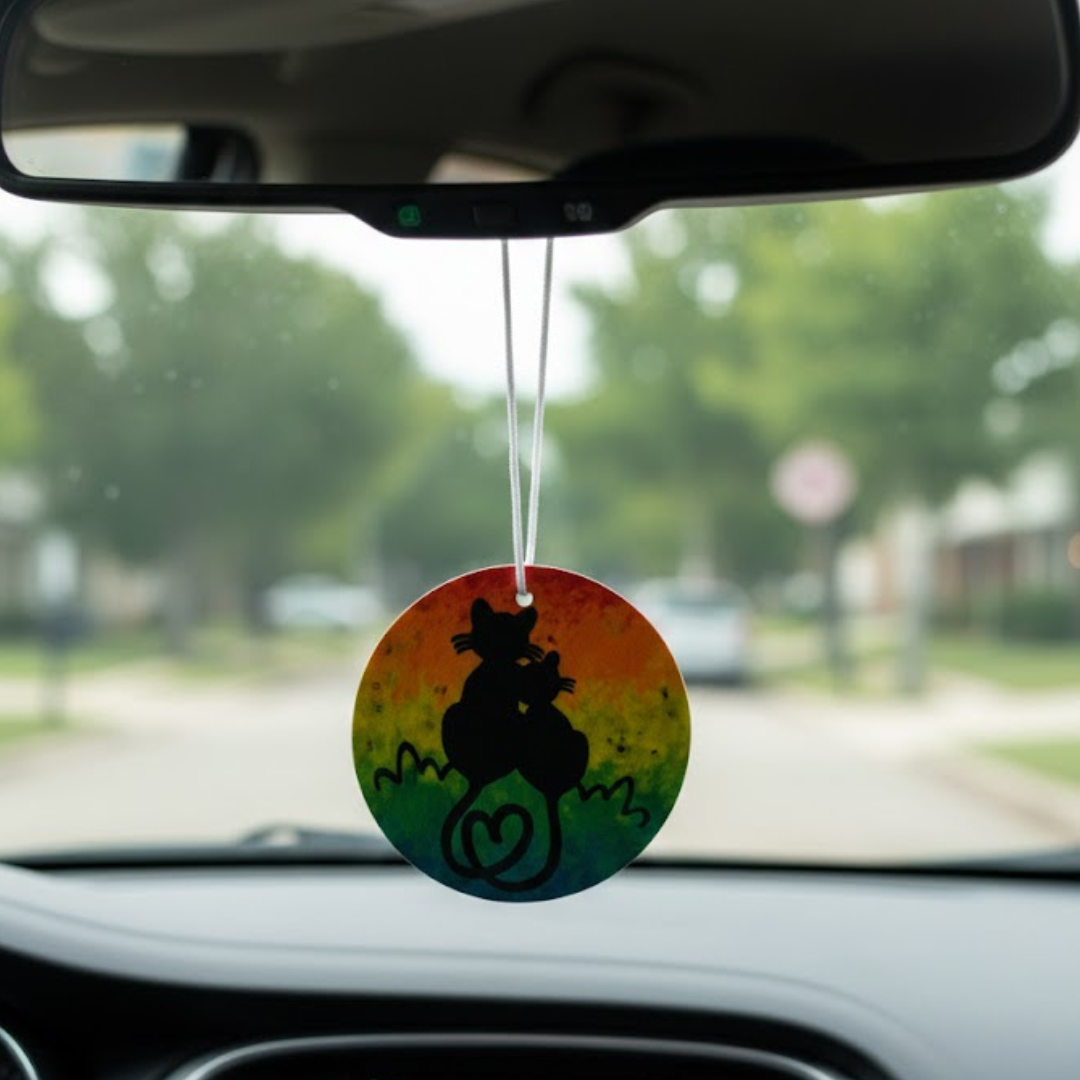Colorful air freshener hanging from a car's rearview mirror with a blurred street scene in the background.
