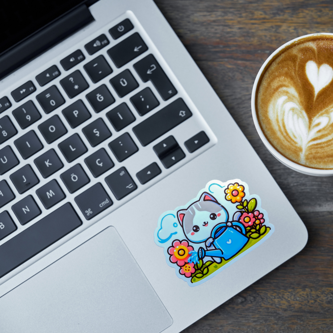 Laptop with a sticker of a cat holding wwatering can, sitting in flowers on a wooden desk with a cup of coffee