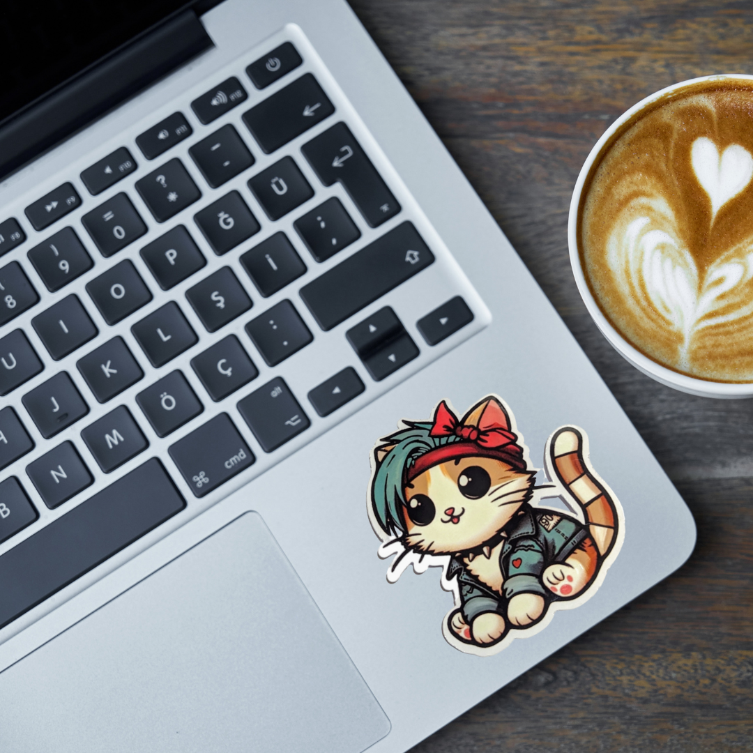 Laptop with a sticker of a cat character on a wooden desk next to a cup of coffee.