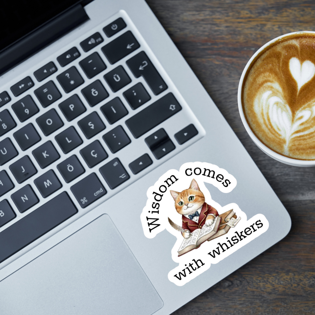 Wisdom Comes With Whiskers Cat Sticker, Cute Reading Cat Vinyl Sticker for Book Lovers