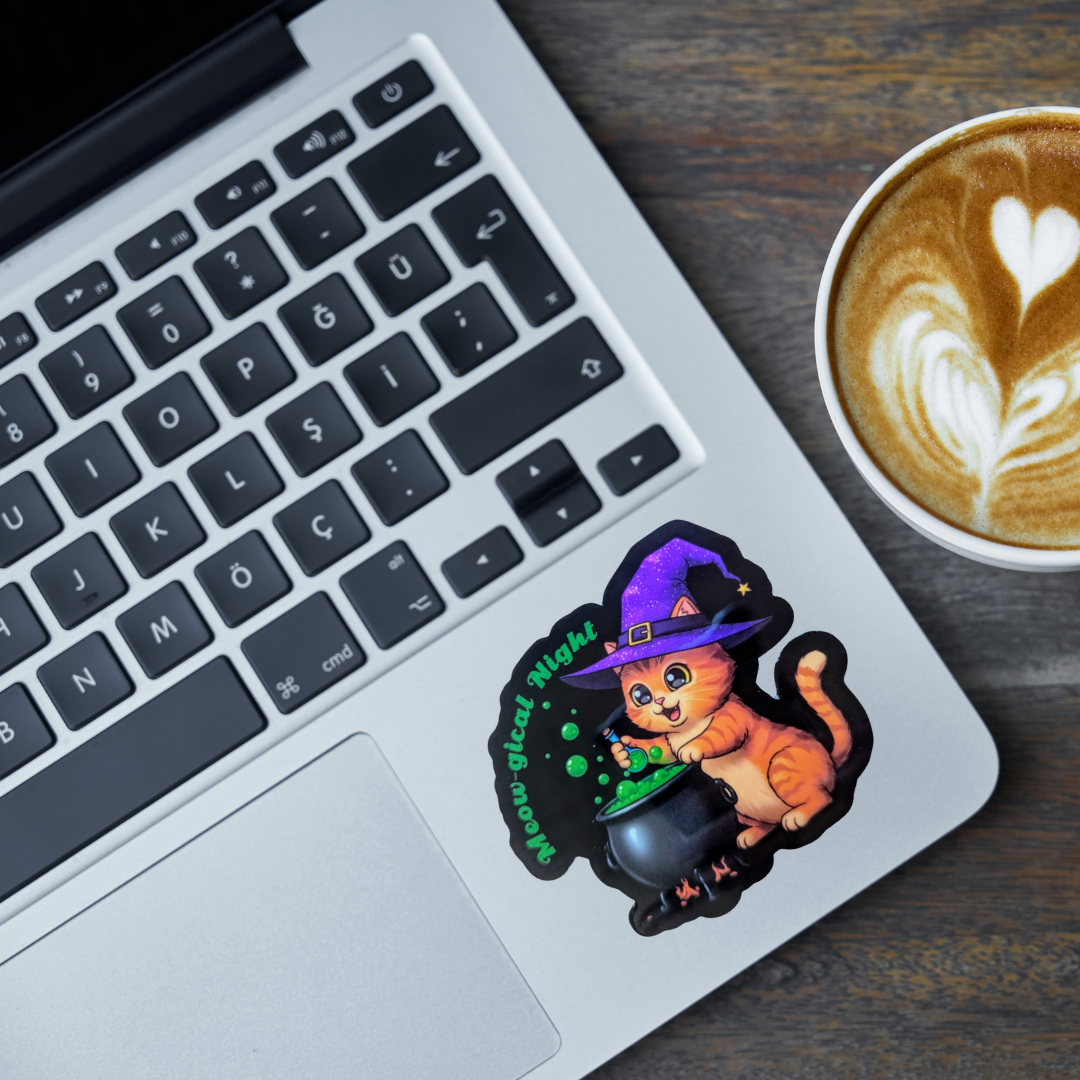 Meow-gical Night Cat Sticker | Halloween Witch Cat Vinyl Sticker