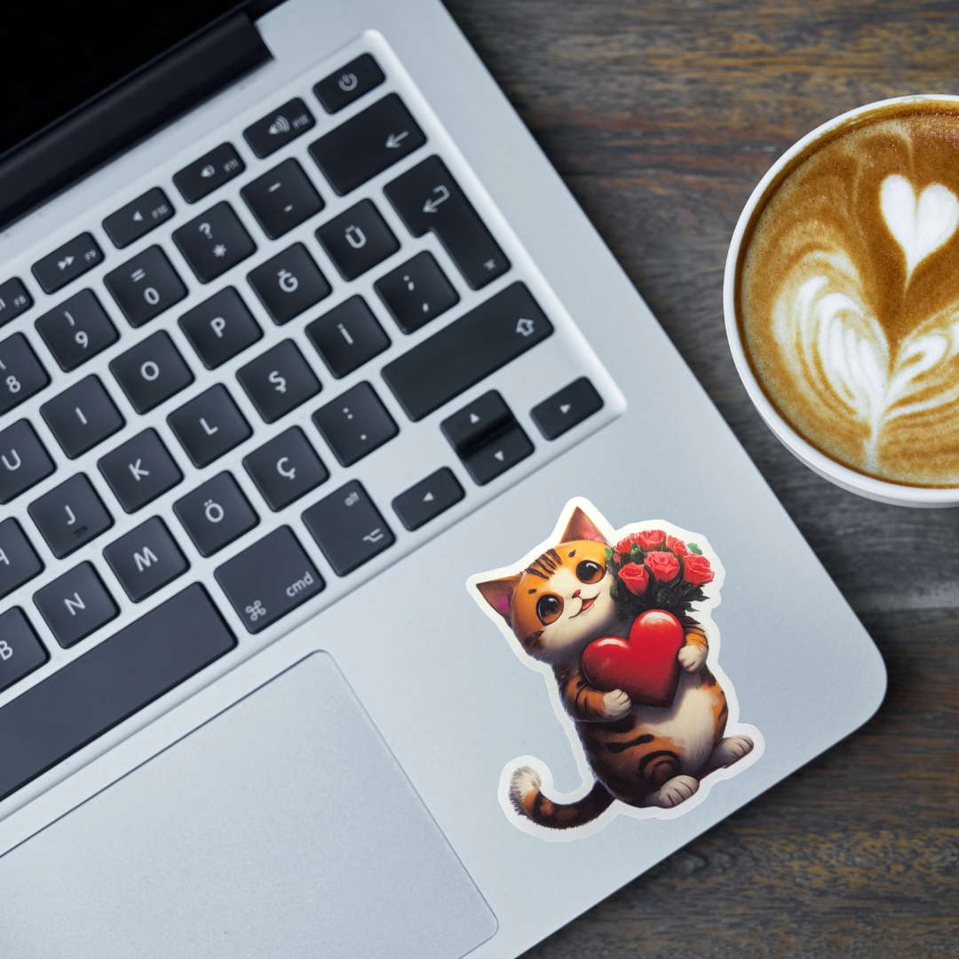 Laptop with a sticker of a cat holding a heart and flowers, next to a cup of coffee on a wooden surface.