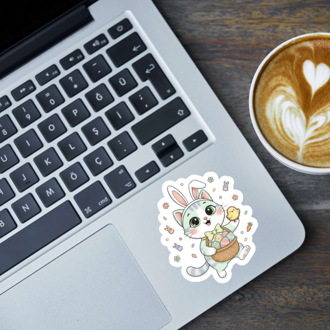 Laptop with a cute cat sticker on the palm rest area, next to a cup of coffee.