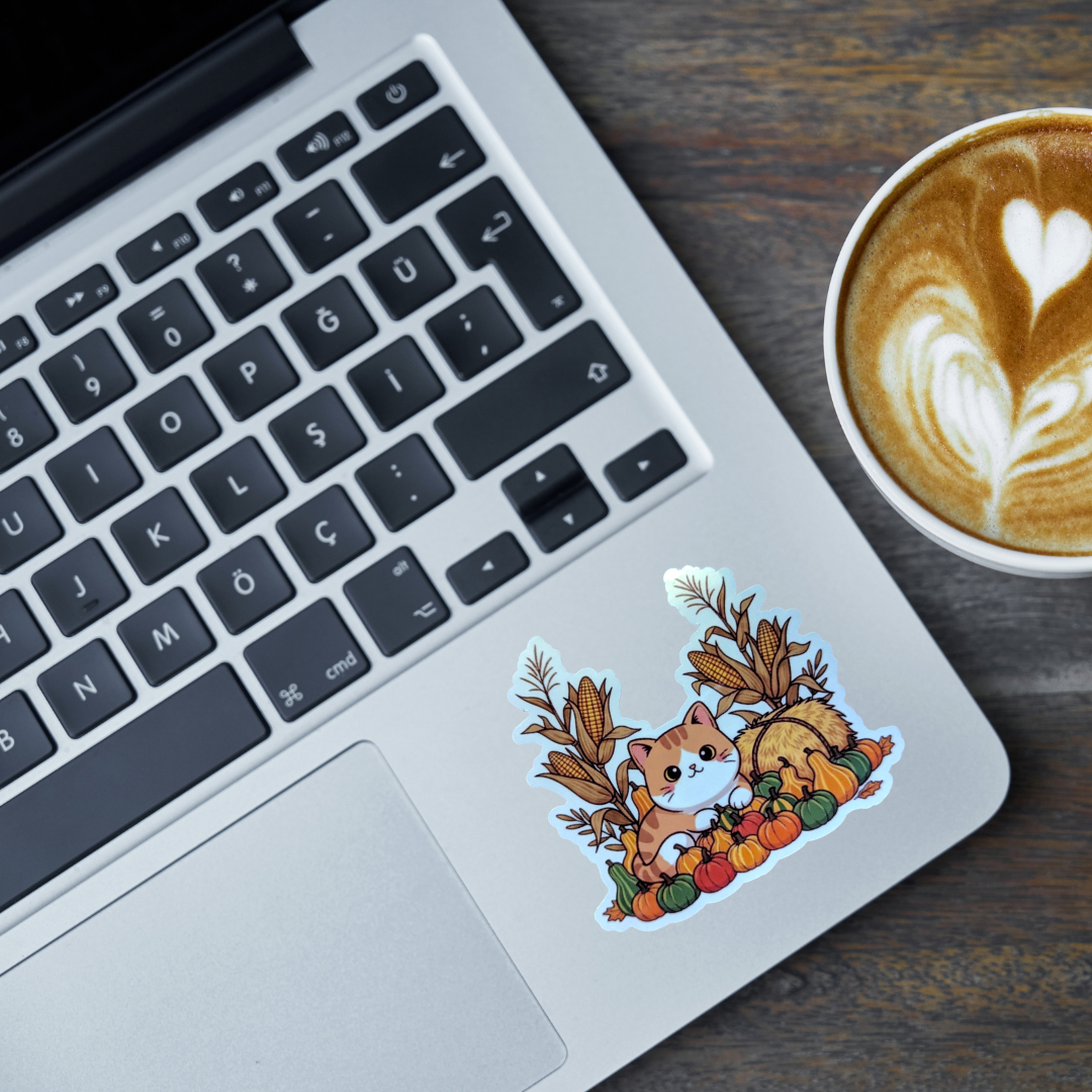 Fall Harvest Cat Sticker – Cute Pumpkin Cat Vinyl Sticker