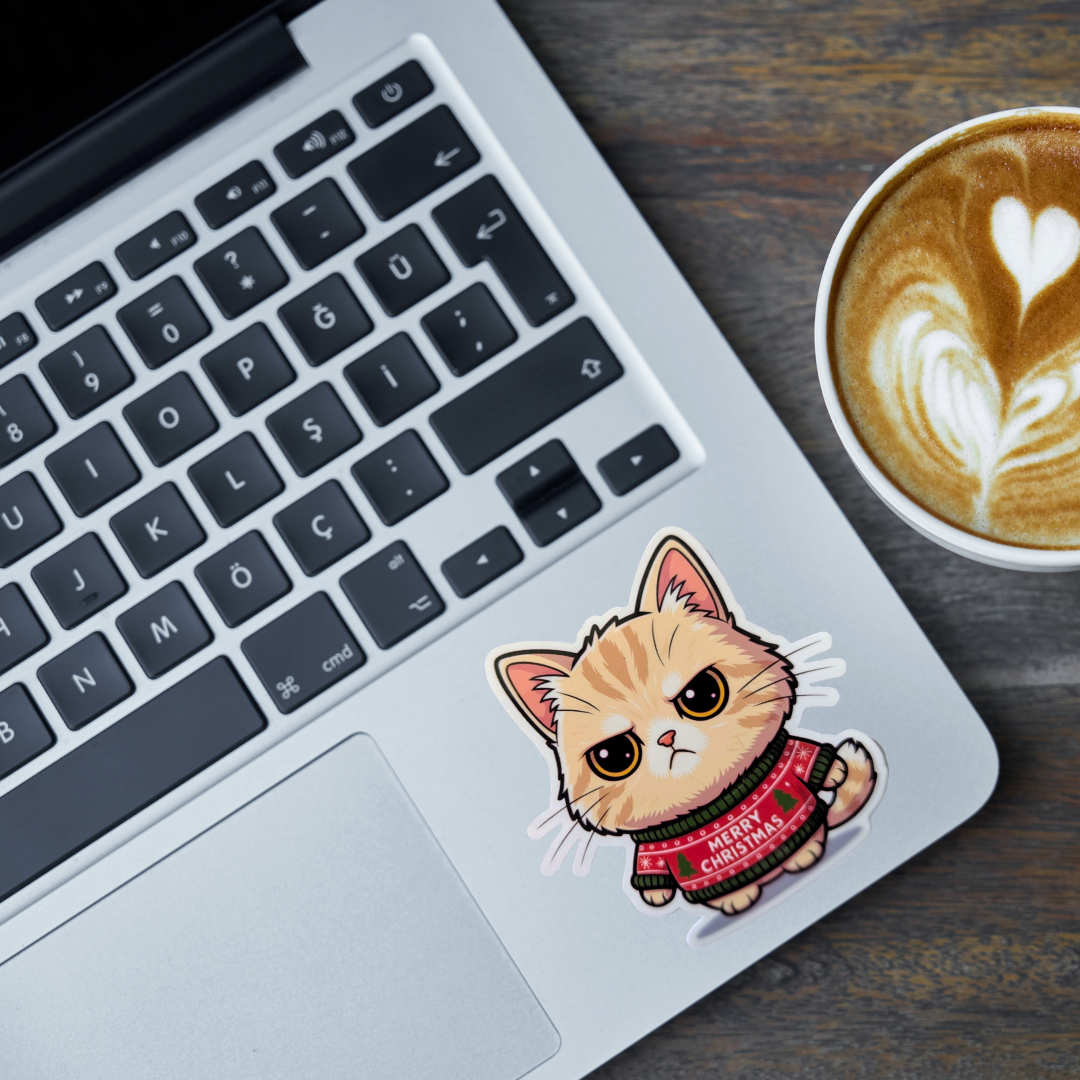 Laptop with a cat wearing an ugly Christmas sweater sticker on the palm rest area next to a cup of coffee.